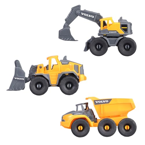 Dickie Toys Volvo Construction Set (je 16 cm) - 3 Baustellenfahrzeuge für Kinder mit Bagger Spielzeug, Radlader & Kipplaster, mit Freilauf ab 3 Jahren - 203722015
