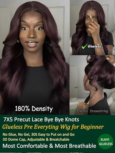 Image of KLAIYI Black Cherry Loose Body Wave Bye Bye Knots Glueless Wig 7x5Precut Lace Front Wigs Human Hair Drawstring Pre Plucked Bleached 30S Ready to Wear and Go Wig with Face Framing Bangs Burgundy 14Inch