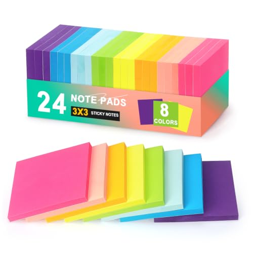 Image of Early Buy 24 Pads Sticky Notes 8 Bright Colors Self Adhesive Notes 3 inch x 3 inch 60 Sheets /Pad