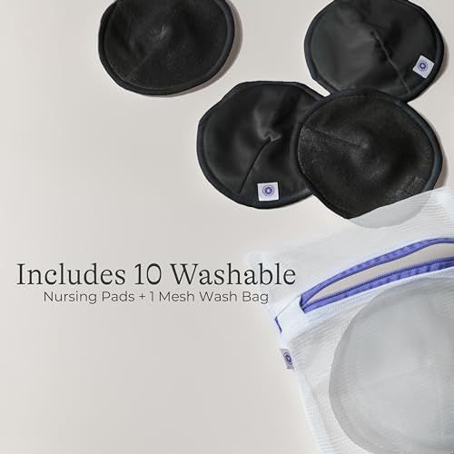 Image of Lansinoh Washable Nursing Pads, Black, Made with Organic Bamboo Viscose, Reusable Breast Pads for Breastfeeding, Includes Wash Bag, 10 Count