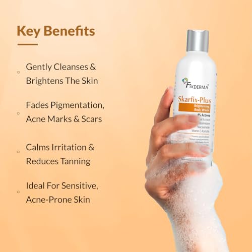 Image of Fixderma Skarfix Plus Brightening Body Wash with 4% Actives (Kojic Acid, Niacinamide Acid, & Vitamin E) | Skin Brightening Body Wash Shower Gel Women & Men | For Hyperpigmentation & Acne Marks - 200ml