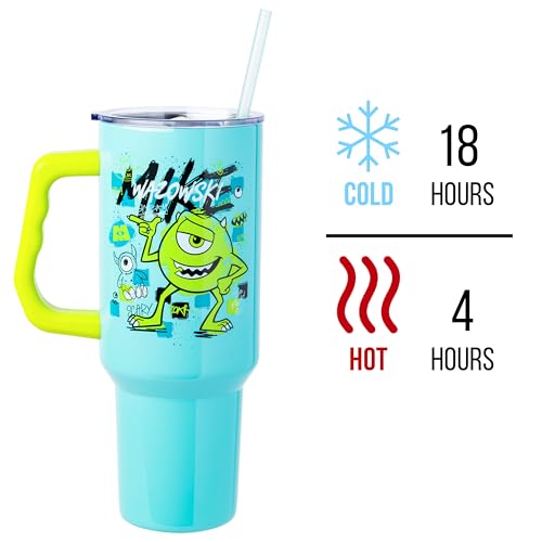 Image of Silver Buffalo Disney Pixar Monsters Inc. Double Walled Stainless Steel Tumbler with Handle Featuring Mike Wazowski, Fits in Standard Cup Holder, 40 Ounces