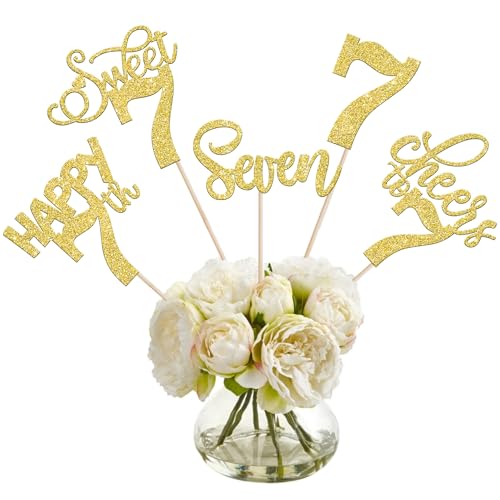 Paquete de 15 decoraciones de fiesta de 7º cumpleaños, centros de mesa de 7º cumpleaños, decoración de mesa de 7º cumpleaños, Hello Seven Sweet 7 cumpleaños para saludos a 7º años, aniversario,