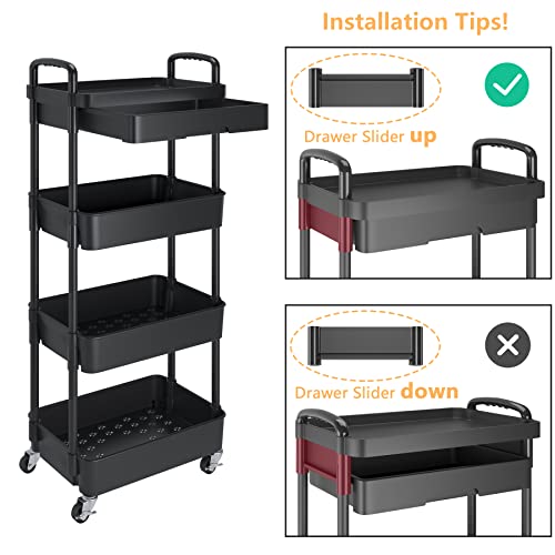 Dttwacoyh 4-Tier Rolling Cart，Trolley With Drawer, Kitchen Storage Organizer With Plastic Shelf & Metal Wheels, Storage Cart For Living Room, Kitchen, Office, Bathroom, Black #TOP6