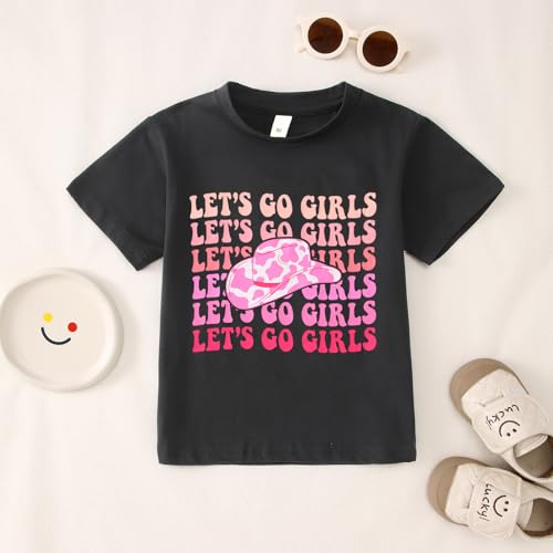 Image of MODNTOGA Toddler Girl Leopard Cowboy Hat Graphic Tshirt Retro Western Cowgirl Shirt Let's Go Girls Print Short Sleeve Tee Top