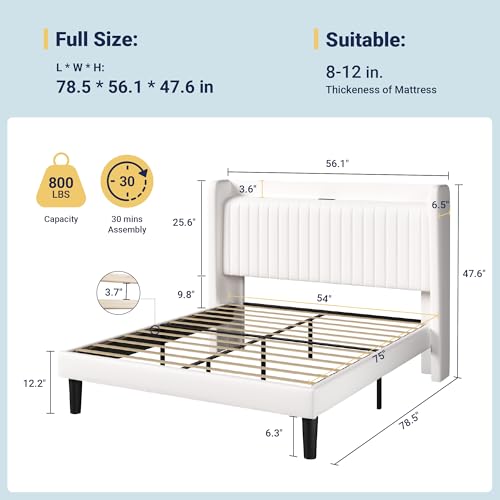 Image of Allewie Full Size Platform Bed Frame with USB Charging Station and Storage Shelf /Upholstered Velvet Wingback Headboard /Wooden Slats Support /No Box Spring Needed /Easy Assembly, White