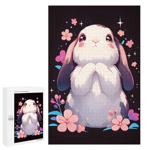 Puzzle 1000 pieces lapin mignon avec fleurs pour adultes et adolescents
