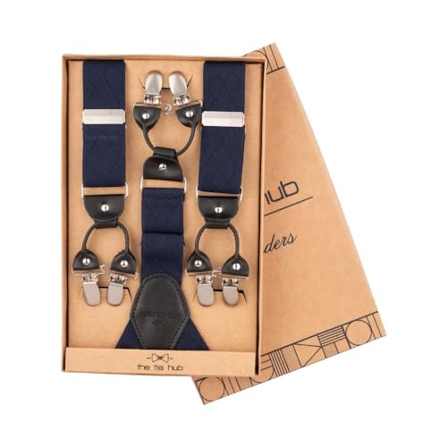 Image of The Tie Hub Suspenders for Men | Blue Geometric Slim Clip-On Y-Back Elastic Braces | Adjustable 1.25 Inch | Formal Wedding Office
