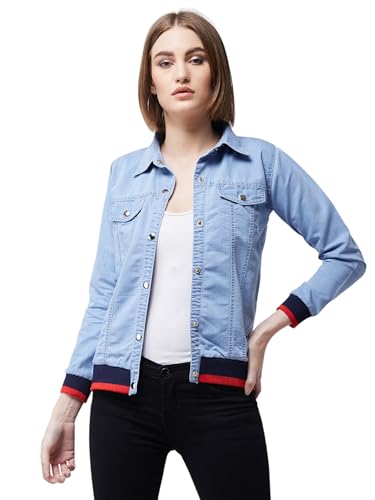 Image of Miss Chase Women's Polo Neck Full Sleeves Patch Pocket Denim Overcoat Knee-Length Jacket