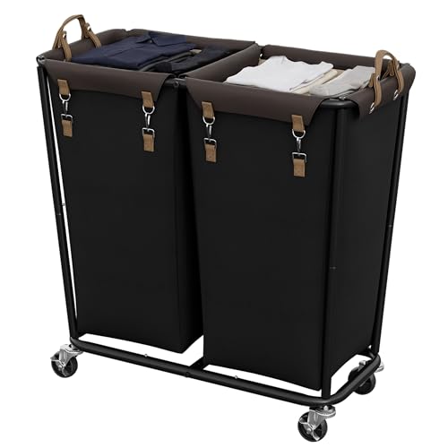 Image of StorageWorks 2 Section Laundry Hamper, 330L Extra Large Black Rolling Cart | 2 Section Laundry Hamper with Wheels, Black Rolling Sorter Cart for Bathroom, Hotel