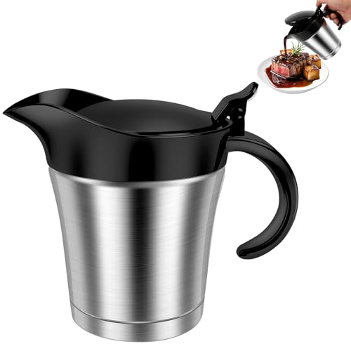 Gravy Boat with Lid 450ml Stainless Steel Gravy Jug Double Wall Insulated Gravy Boats Portable Gravy Warmer Sauce Jug Sauce Pitcher for Dinner Party Gathering Cream