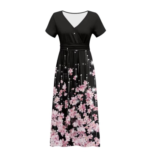 Image of Women's Fall Summer Short Sleeve Ankle Length V-Neck Party Dress with Pockets Size S-3XL