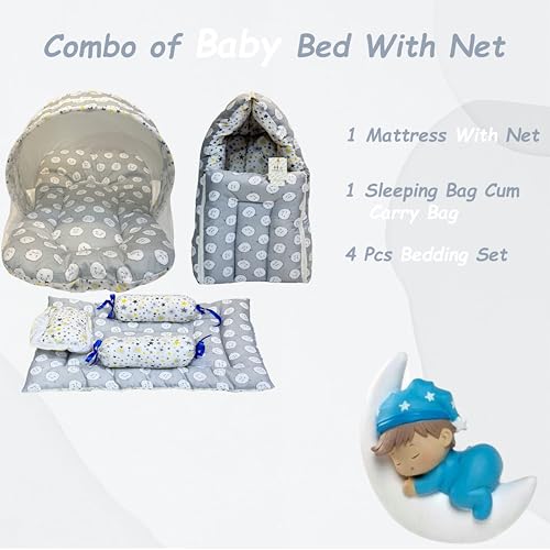 Image of Fareto Combo of Baby Bed with Net | Carry Bag | 4 Pcs Bedding Set (0-6 Months, Baby Size, Cotton) (Grey Sheep)