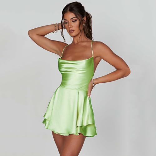 Image of AGYMNX Women Sexy Spaghetti Strap Satin Dress Sleeveless Low Cut Backless Short Romper Dress Party Jumpsuit Mini Sundress