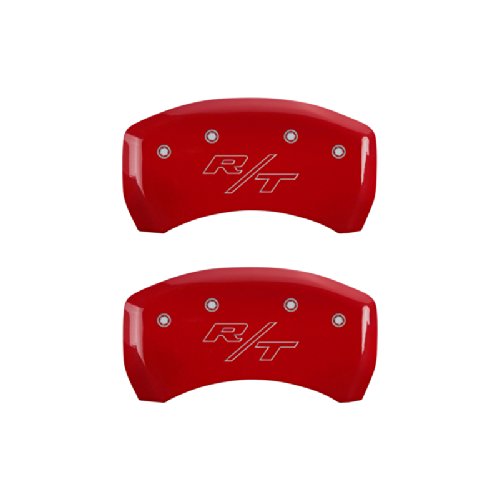Image of MGP Caliper Covers - Brake Caliper Covers for 2011-2023 Dodge Challenger & 2011-2023 Dodge Charger (Requires Dual Piston Front Caliper) Front and Rear Set (Red, Cursive Challenger & R /T Vintage)