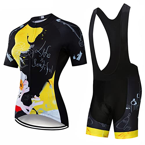 Maillot Cyclisme Femme Tenue Cycliste Manche Courte,Vêtements Velo VTT Été Jersey Shirt et Cuissard à Bretelle avec 19D Coussin Gel,Ensemble Combinaisons Cycling Route Respirant Séchage Rapide(1,XL)