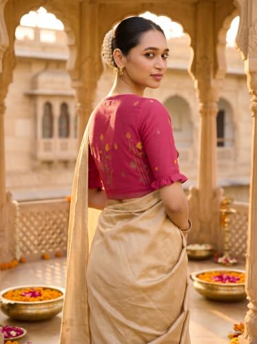 Image of Studio Shringaar Women's Handloom Cotton Jamdani Border Readymade Saree Blouse