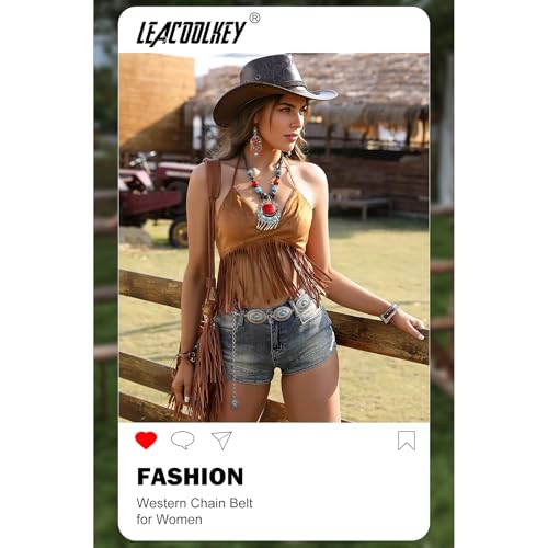 Image of LEACOOLKEY Women Turquoise Concho Chain Waist Belt Silver Western Cowgirl Metal Chain Belt for Dress Adjustable