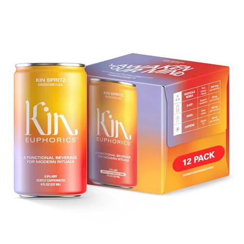 Kin Euphorics Kin Spritz Non-Alcoholic Functional Beverage | Invigorating Energizer | Adaptogen & Nootropic Drink | Rhodiola Rosea, 5-HTP, GABA | Ginger, Hibiscus, Citrus | Ready to Drink | 8 Fl Oz (12pk)