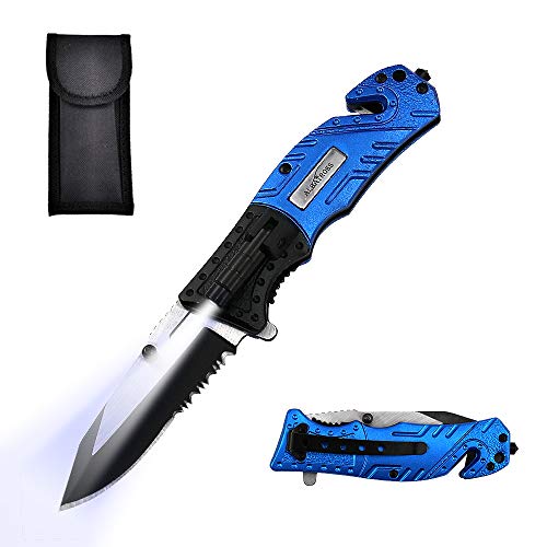 ALBATROSS 5-in-1 Dispatcher Tactical Knife with Glass Breaker, Seatbelt Cutter,Steel Serrated Blade,Flashlight and Carrying Bag, Good for Military Emergency Outdoor Rescue (Blue)