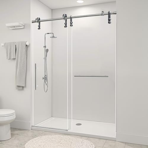 HIGREENA Shower Door 56-60' W x 76' H, Single Sliding Shower Glass Door, Frameless Shower Door with 5/16' (8mm) Thick Tempered Glass, Towel Rail and Auxiliary Handle, Brushed Nickel