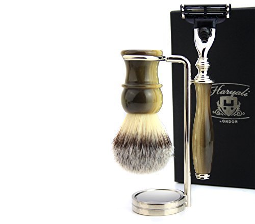 3-częściowy zestaw do golenia – Horn Replica Special Collection pędzel do golenia z maszynką do golenia ze sztucznych włosów + podwójna golarka i stojak na szczotki, wspaniałe uzupełnienie każdej
