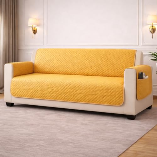 Image of STITCHNEST 'Double Vie Collection Series' Cotton Quilted Reversible Sofa Cover 3 Seater with Arm Rest and Pocket | Size 70x60 Inch