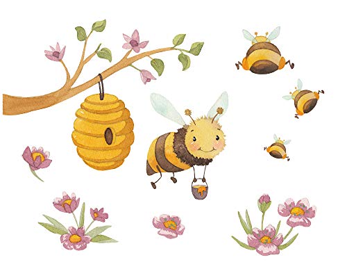 TinyFoxes Fensterbild Bienchen - Blumen und Bienen bringen Freude ans Fenster, zur Frühlings- oder Sommerzeit, 30 x 40 cm, selbstklebend und wiederverwendbar, handgezeichnet von Kristin Franke