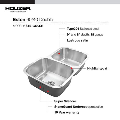 Houzer Ste-2300Sr-1 Eston Series Undermount Stainless Steel 60/40 Double Bowl Kitchen Sink, Small Bowl Right, 18 Gauge #TOP2