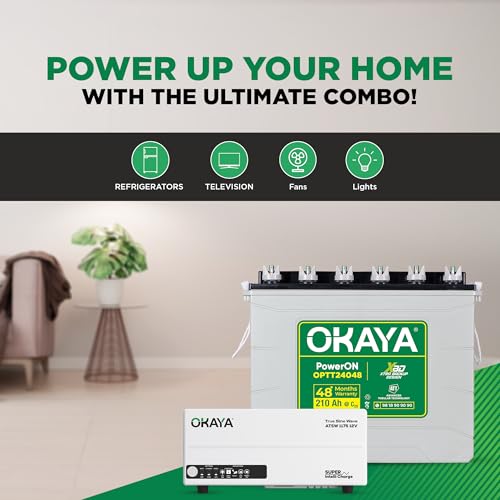 Image of Okaya Inverter with Battery Combo for Home,Office & Shops | ATSW 1175 12V Pure Sine Wave Inverter 925VA with 36 Months Warranty & OPTT24048 210Ah Tall Tubular Battery with 48 Months Warranty
