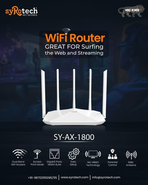 Image of Syrotech SY-AX1800 WiFi 6 Dual Band Gigabit Router | AX1800 High-Speed Wireless Router | 1501 Mbps | 4 Gigabit Ports | MU-MIMO | OFDMA | WPA3