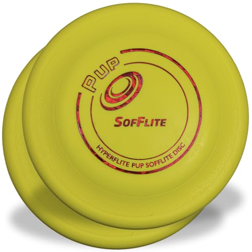 Hyperflite Pup SofFlite Dog Flying Disc – 2 Discs – for Dogs Under 16” – Ultra Soft – Classic Style – Floats – Competition Approved – 7” / 70g – Yellow – Not for Hard Biters Hyperflite Pup SofFlite Dog Flying Disc – 2 Discs – for Dogs Under 16” – Ultra Soft – Classic Style – Floats – Competition Approved – 7” / 70g – Yellow – Not for Hard Biters