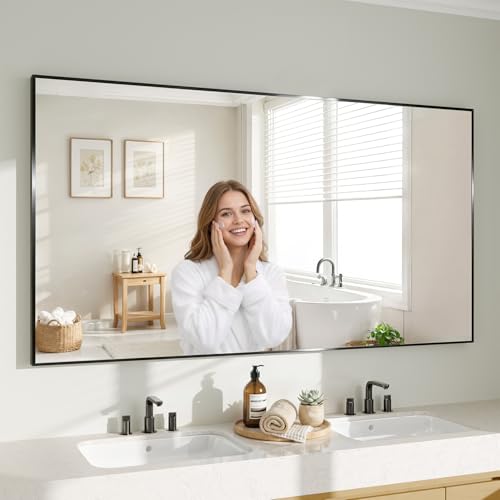 Image of Koonmi Black Rectangle Wall Mirror, 36x40 Inch Bathroom Mirror, Aluminum Frame Vanity Mirror for Entryway, Living Room, Bedroom Bathroom, Hangs Horizontally or Vertically
