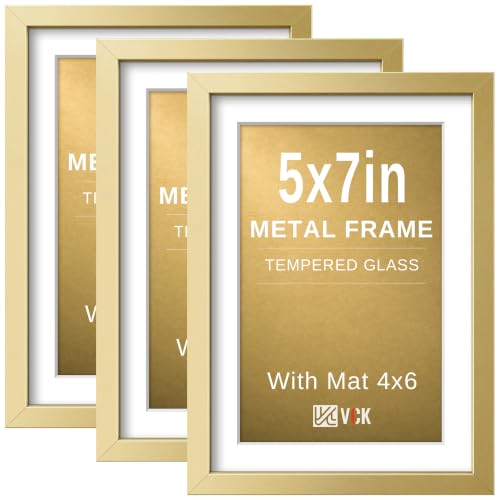 Image of VCK 5x7 Picture Frame Gold Metal, Real Glass, 4x6 Mat, 3 Pack, for Print