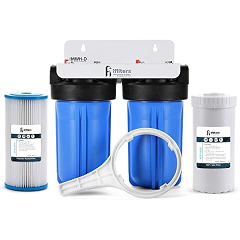 iFilters 2-Stage 10" Well Water Whole House Filtration Complete Commercial Grade System | Removes Sediment, Chlorine, Rust, Odor, Taste, Iron, Heavy Metals | Dual Stage with 1" Ports Cover