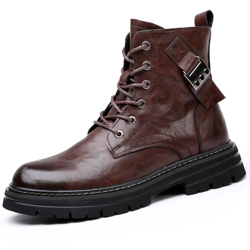 Men's Leather Waterproof Combat Boots with Side Zipper, Casual Hand-Stitched Lace-Up High Top Motorcycle Boots, Comfort Outdoor Rubber Sole Non-Slip Resistant Soft Sole Work Boot