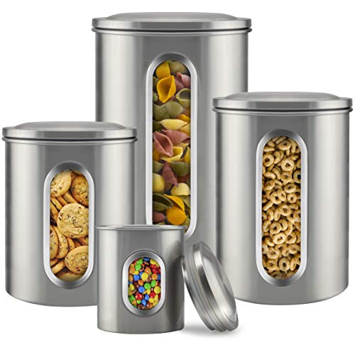Canister Sets for Kitchen Counter - Kitchen Decor Sets - Brushed Stainless Steel - Sugar Containers for Countertop - Flour Sugar Canister Set - Sugar Jars for Kitchen - Kitchen Canisters Set of 4