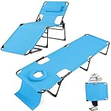 KING BIRD Chaise Lounge Beach Outdoor Chair with Face Hole, Upgraded Portable Easy2Carry 5-Position Folding Tanning Recliner for Outside Seaside Patio Lawn, Support 250lbs, Size M-Blue