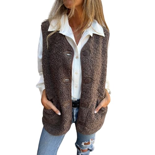 Womens Fuzzy Fleece Vest Casual Oversized Sleeveless Sherpa Jacket Button Down Fall Winter Coats Thick Vests Outwear