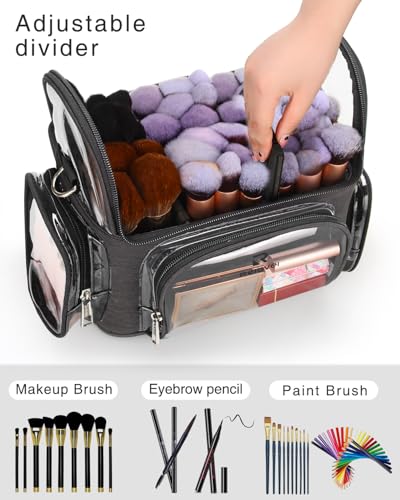 NAONAYA Makeup Brush Bag, Clear Makeup Brush Holder Professional Makeup Artist Travel Case Waterproof Cosmetic Organizer Bag, Full Open Easy to Access, with Adjustable Shoulder Strap and Dividers