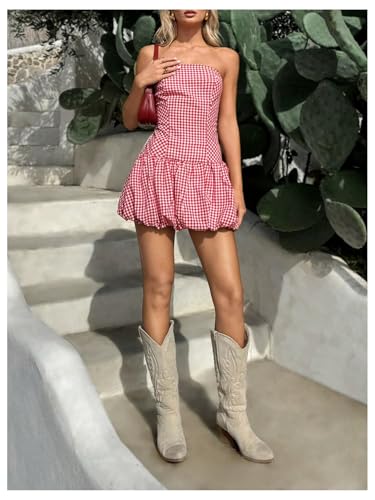 SweatyRocks Women's Plaid Strapless Bubble Dress Sleeveless Ruffle Mini Tube Dresses4