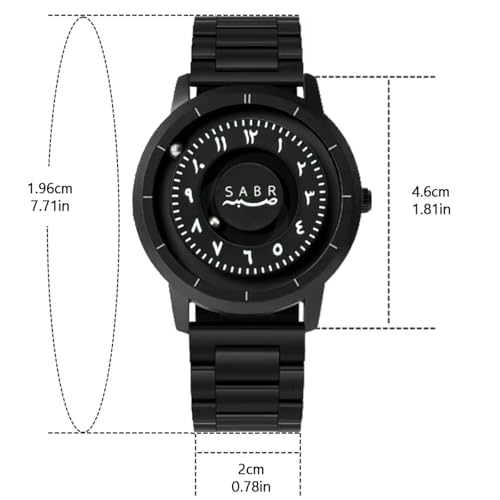 Image of Luxury Men Arabic Dial Black Wrist Watch - Unique Eastern Numerals Design, Minimalist Magnetic Rotating Disc Face, Stainless Steel Band, Unisex Modern Timepiece, Islamic Watch