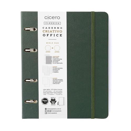 Caderno Criativo Argolado Office Duo Clássica Pautado & Pontado A5 Verde Oliva, Cicero