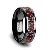TRIASSIC Red and Grey Earthtones Dinosaur Bone Inlay on Black Ceramic Wedding Band Beveled Edged...