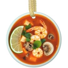 Custom Christmas Ornament of Tom Yum Soup, Shrimp, Mushrooms Thai Cuisine, Thailand Foodie Xmas Ornaments - Front Food Design with Personalized Back Flat Design, NOT 3D