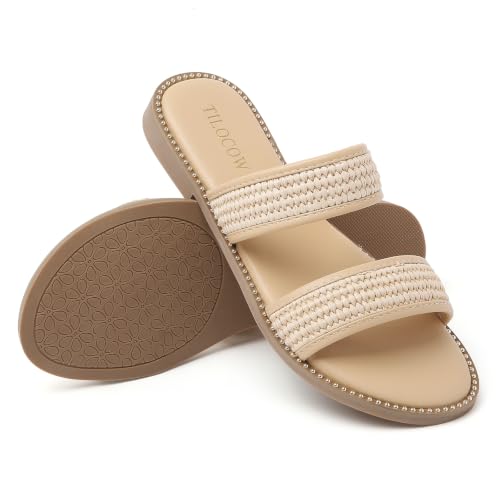 Image of Tilocow Women's Flat Sandals Two Strap Summer Dressy Studded Slide Sandals Open Toe Cute Casual Slip on Comfort Shoes for Beach Travel Daily Wear
