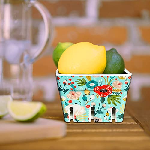 Leazul Ceramic Berry Basket Set Of 4, Colander, Farmhouse Square Bowl. Rustic Kitchen Decor Fruit Bowls, Fruit Baskets,Blue Yellow And Floral Flowers Pattern Stoneware Harvest Bowls Kitchen Bowl #TOP6