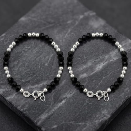 Image of Parnika (Formerly MJ 925 Traditional Silver & Black Crystals Baby Nazariya Kids Silver Bracelet in Pure 92.5 Sterling Silver for Kids - One pair