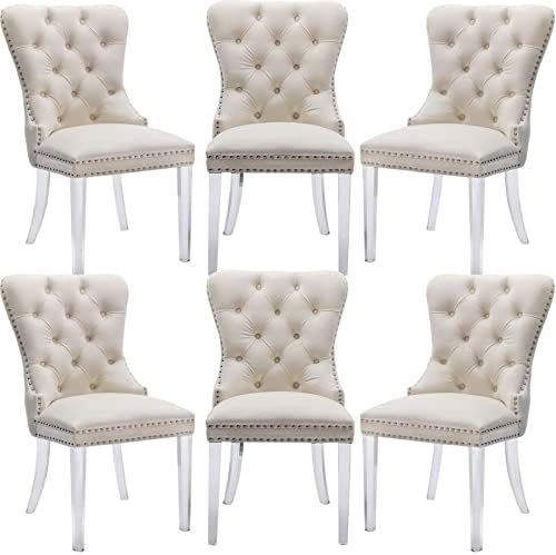LZAREAL Velvet Dining Chairs Set of 6 Upholstered Dining Room Chairs with Acrylic Legs & Ring Pull Trim, Armless Side Chair for Home Kitchen and Restaurant, Velvet Cream
