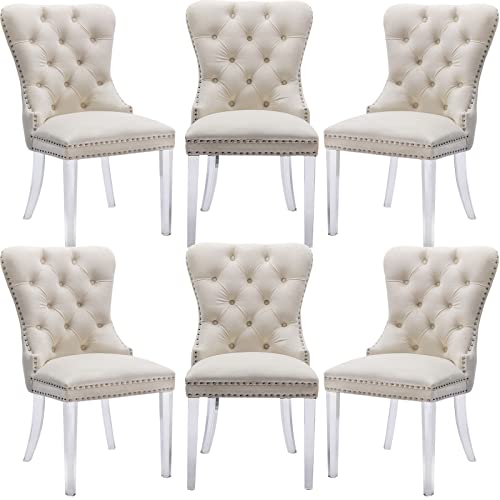 LZAREAL Velvet Dining Chairs Set of 6 Upholstered Dining Room Chairs with Acrylic Legs & Ring Pull Trim, Armless Side Chair for Home Kitchen and Restaurant, Velvet Cream